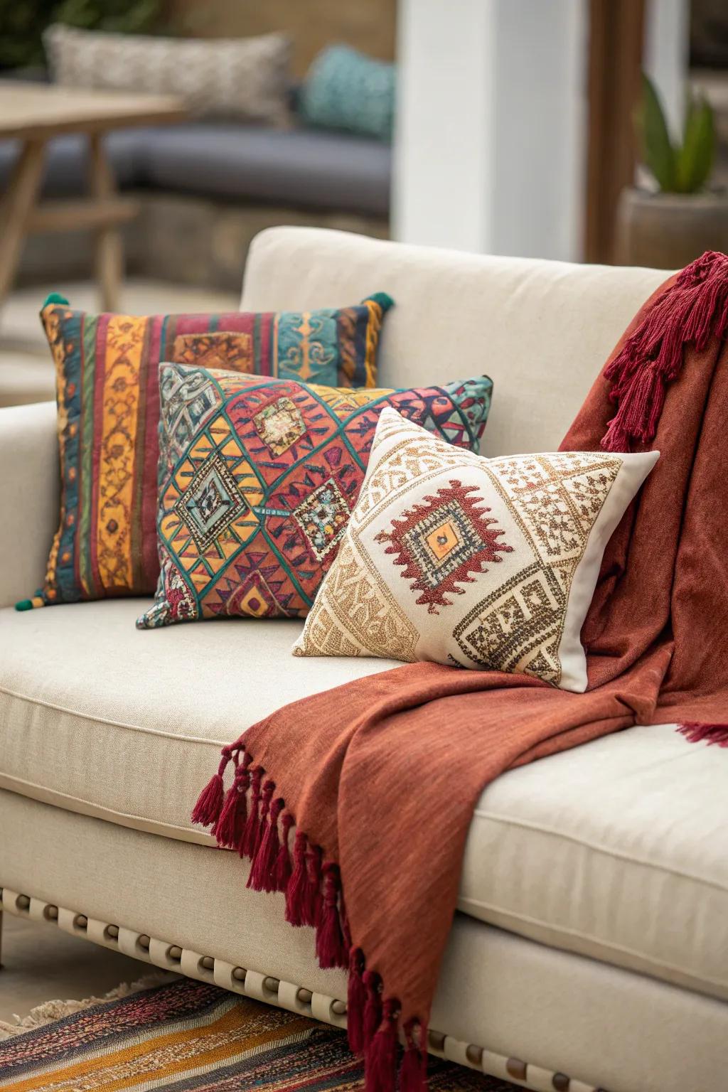 A neutral sofa brightened with lively accents.