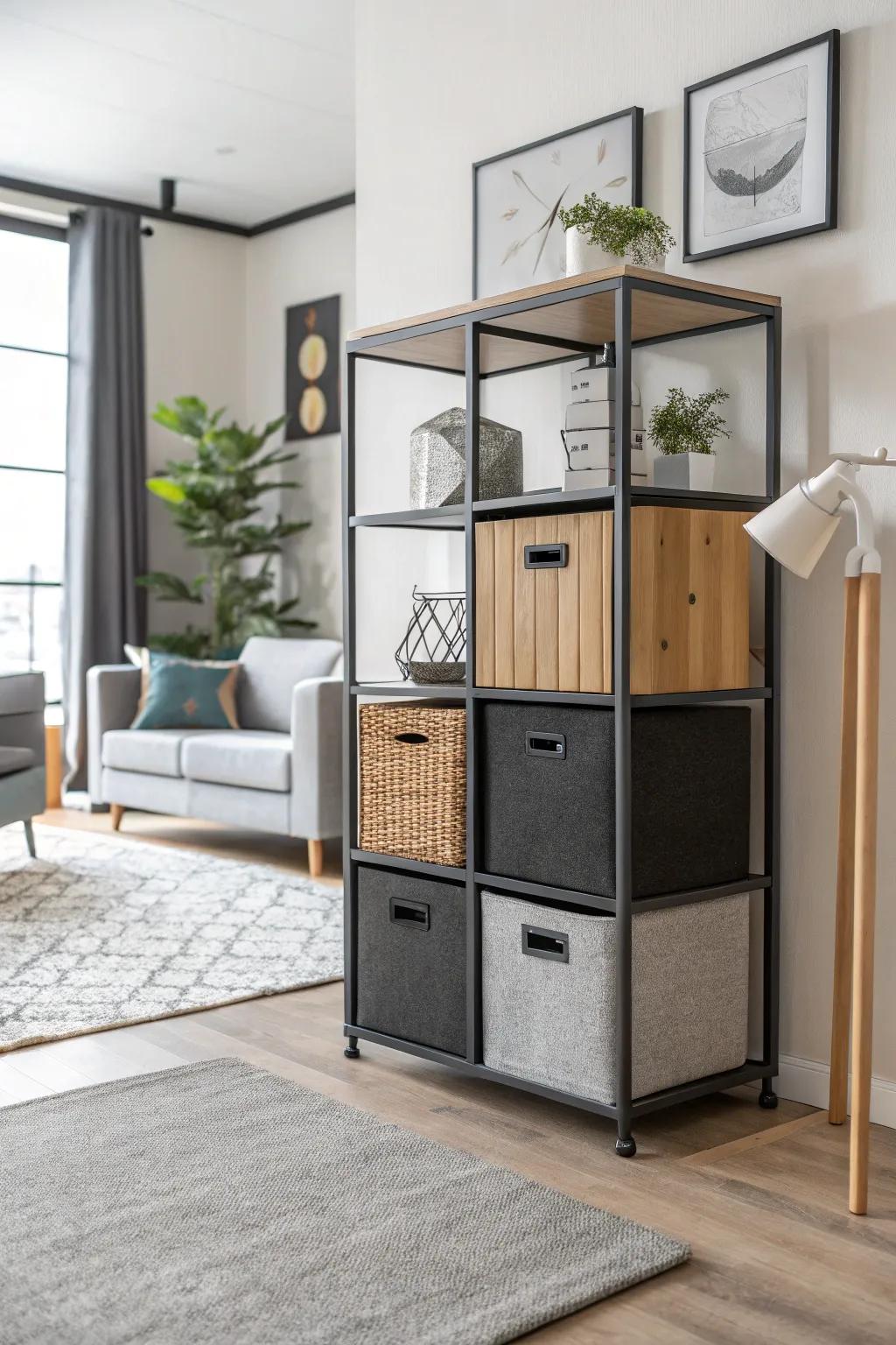 A mix of materials in cube storage contributes depth and texture to the space.