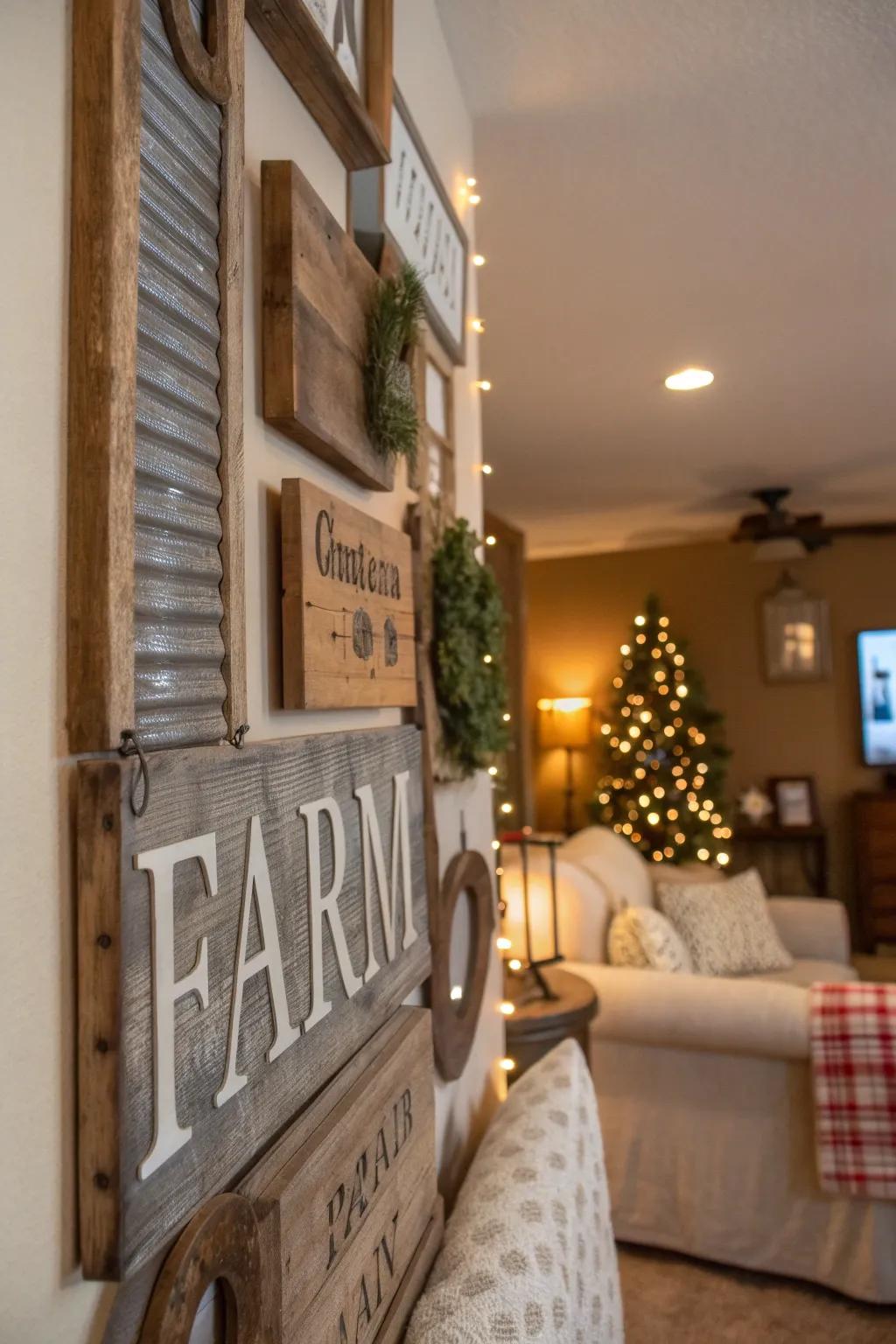 Vintage plaques bring nostalgic charm to the walls.