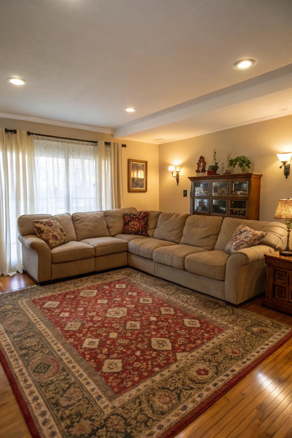 A rug grounds the sectional, enhancing warmth and style.