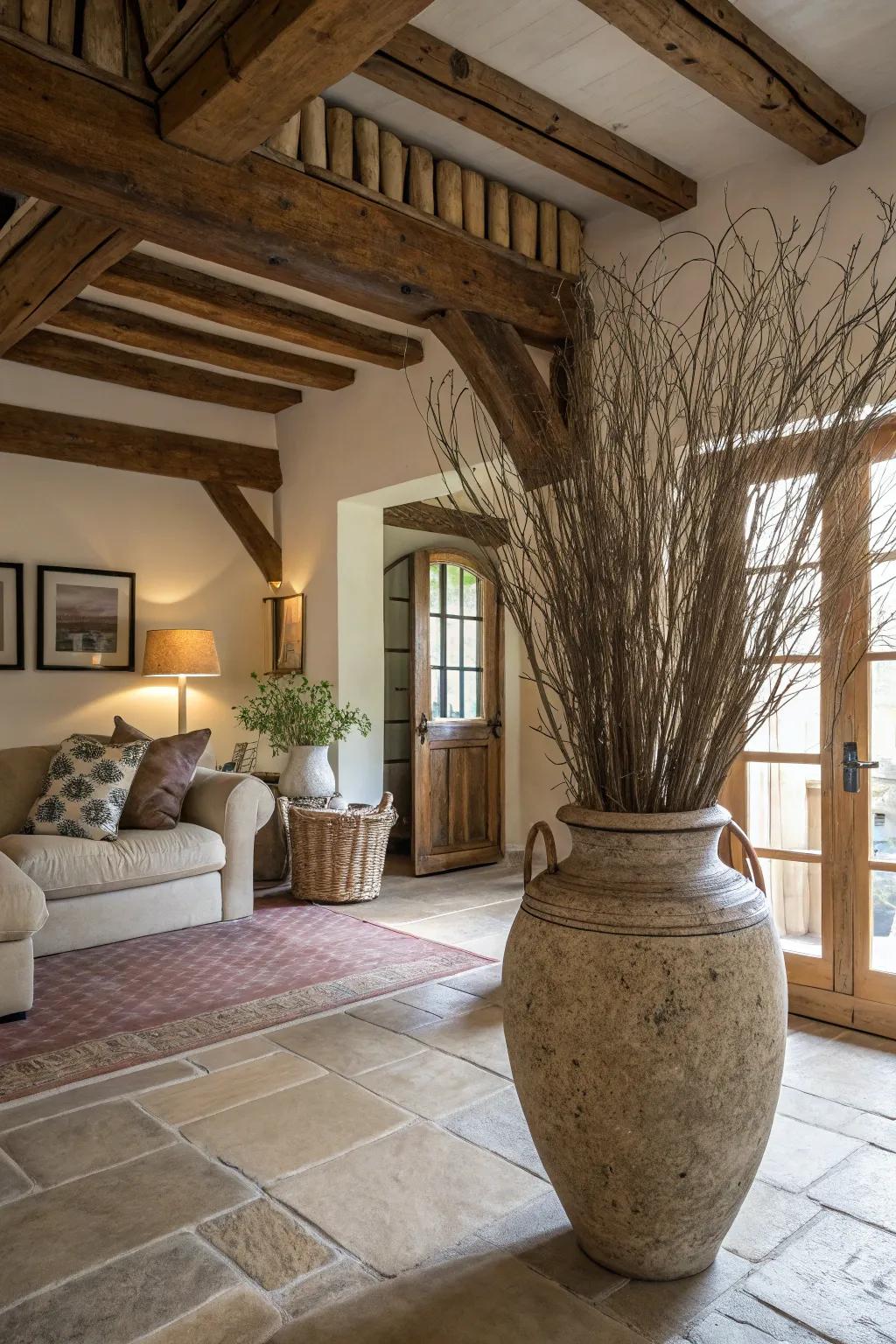 Country pieces like twigs and raw fibers complement the smooth surface of a pottery container.