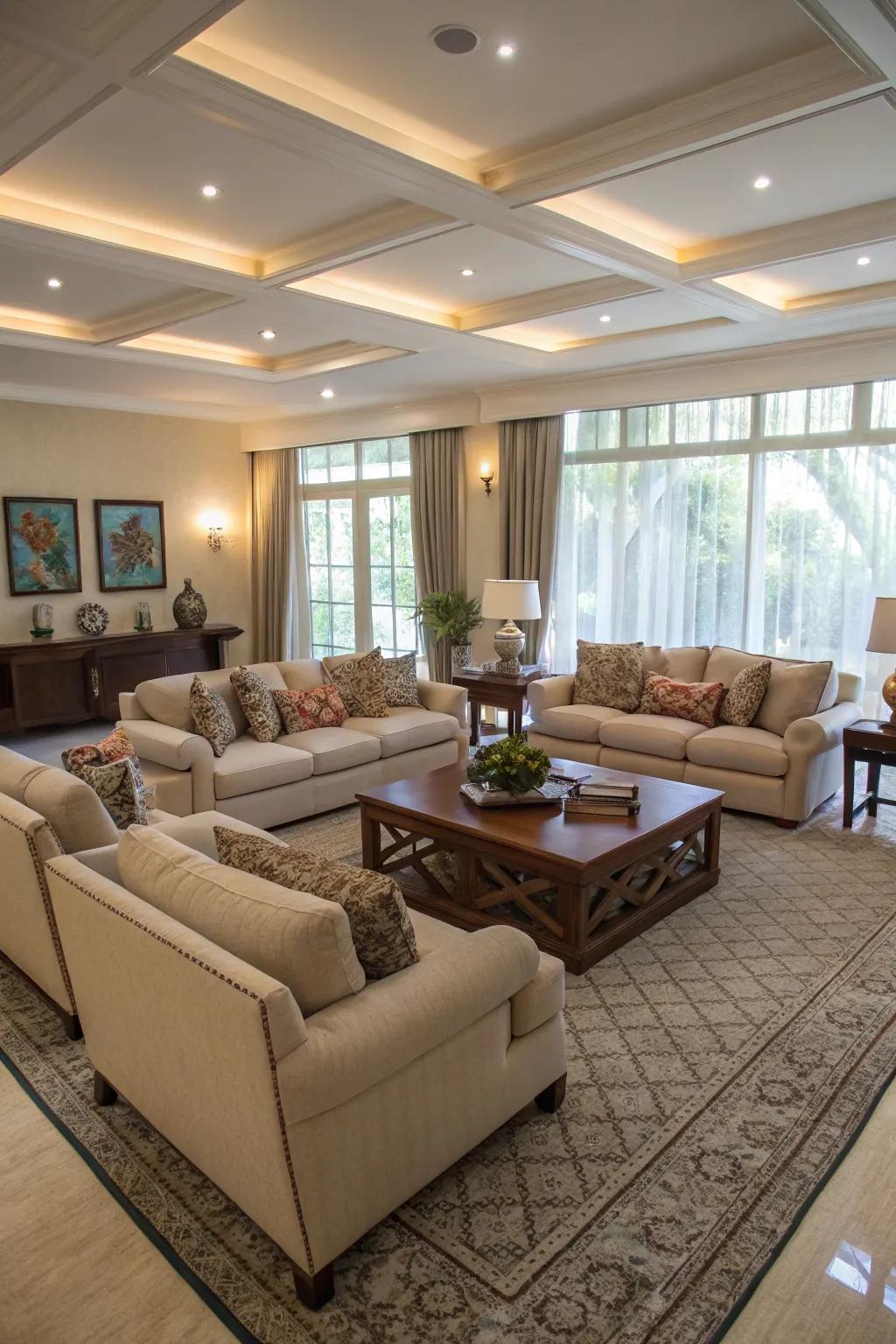 A roomy living room featuring a U-shaped seating arrangement perfect for social events.