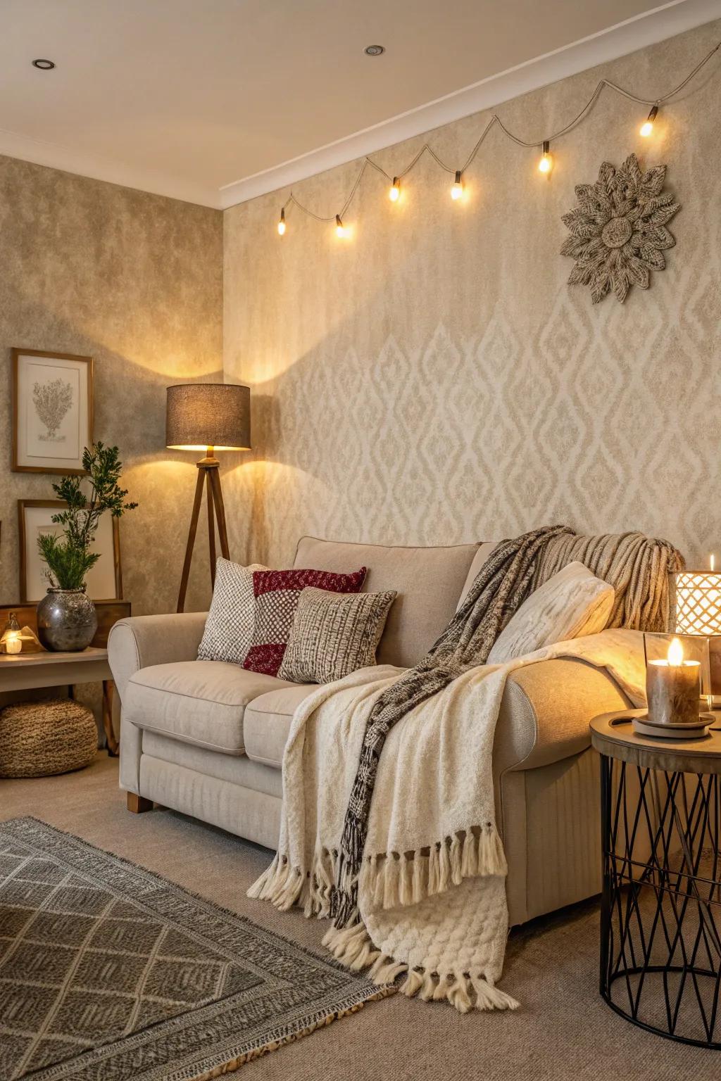 Textured walls contribute depth and coziness.