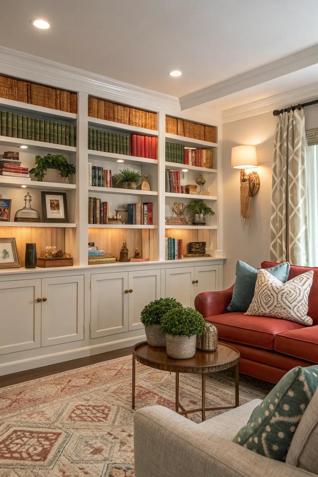 Shelves coordinated by color for a unified look.