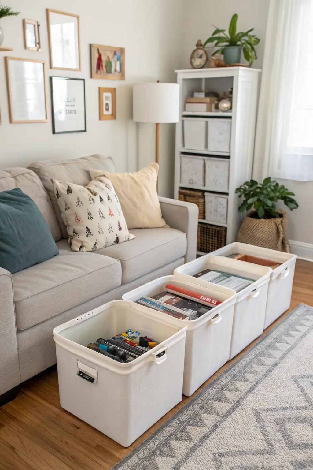 Under-furniture storage keeps toys hidden from sight.