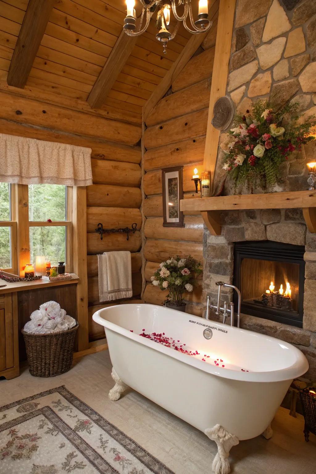 A log cabin bathroom featuring a freestanding clawfoot tub.