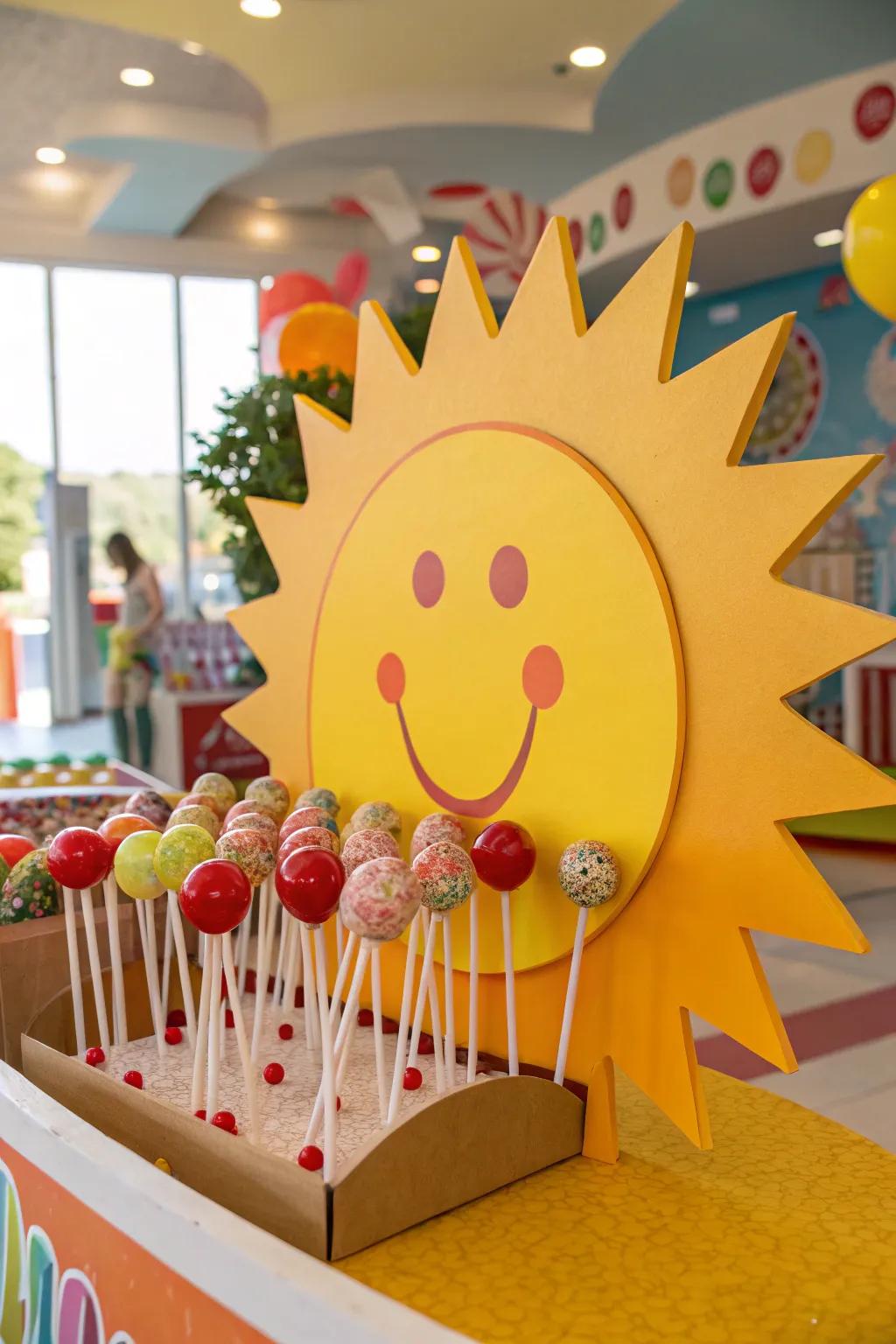 Cardboard cutouts contribute a playful and inventive element to lollipop displays.