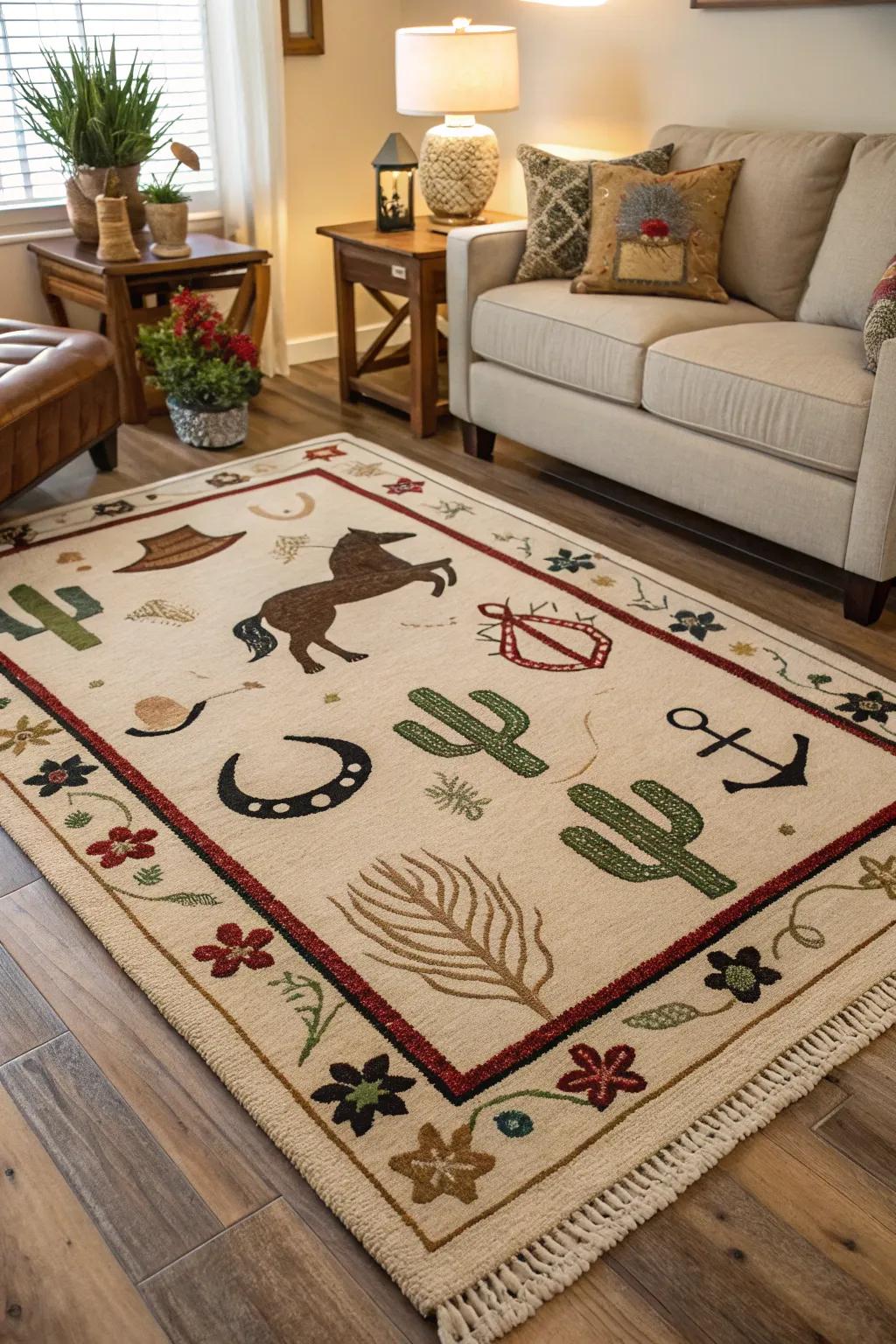 Western-themed area rugs introduce character and warmth.