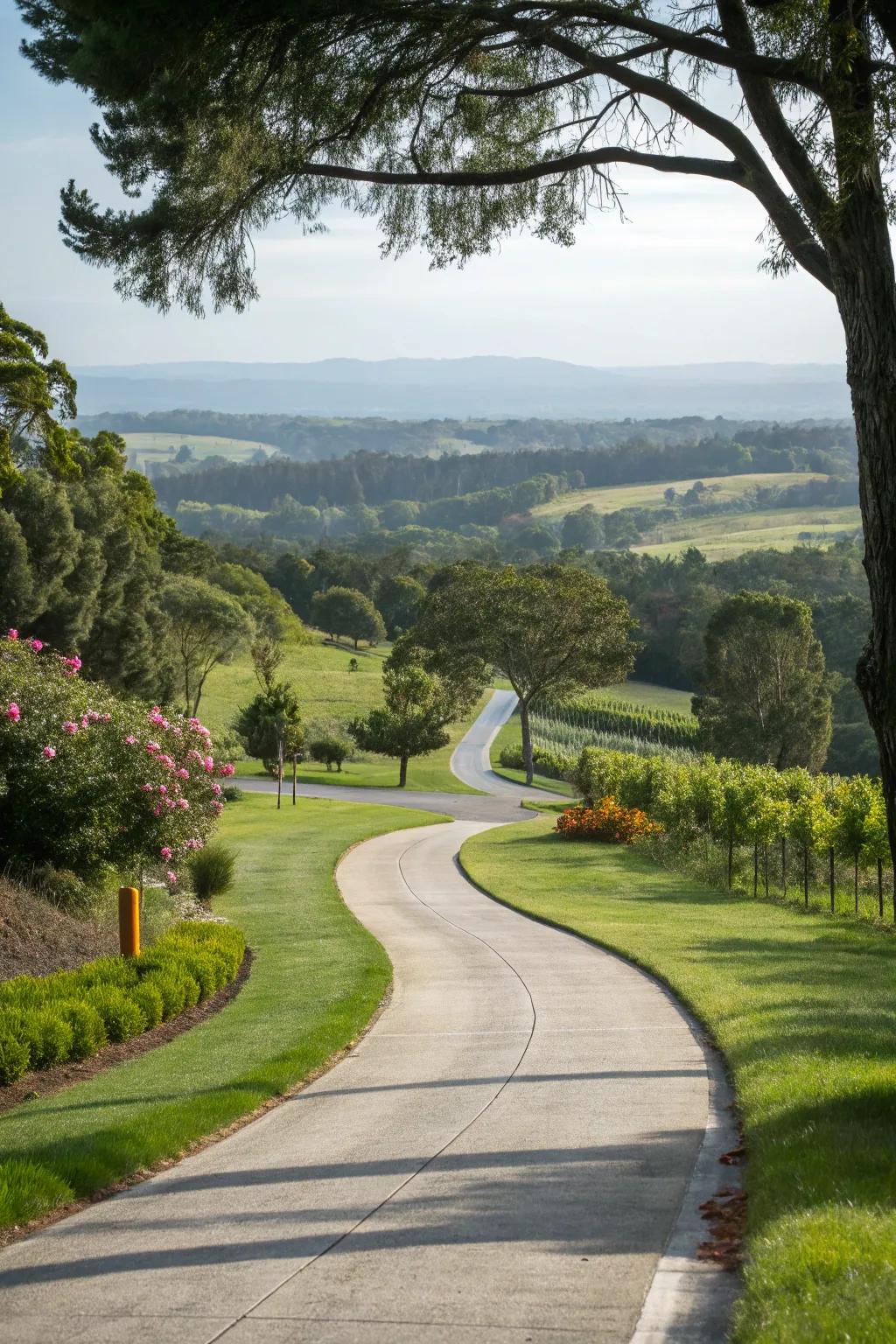 A sweeping driveway offers an elegant, winding journey.