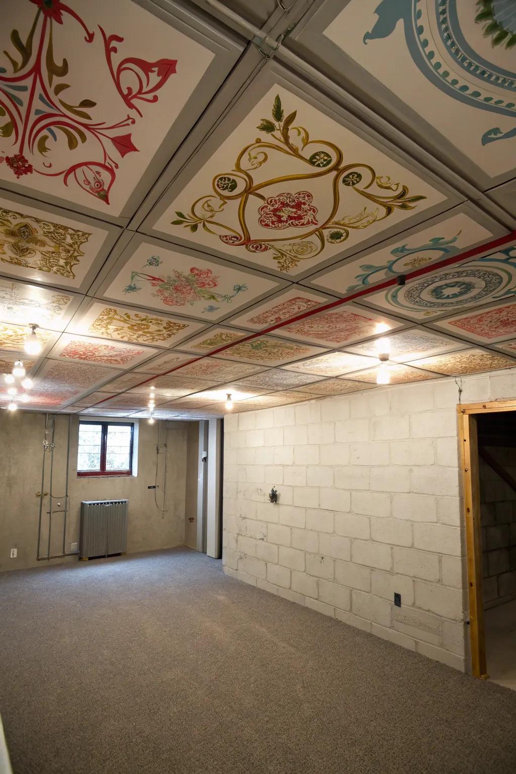 Painted trim adds dimension to a basement ceiling.