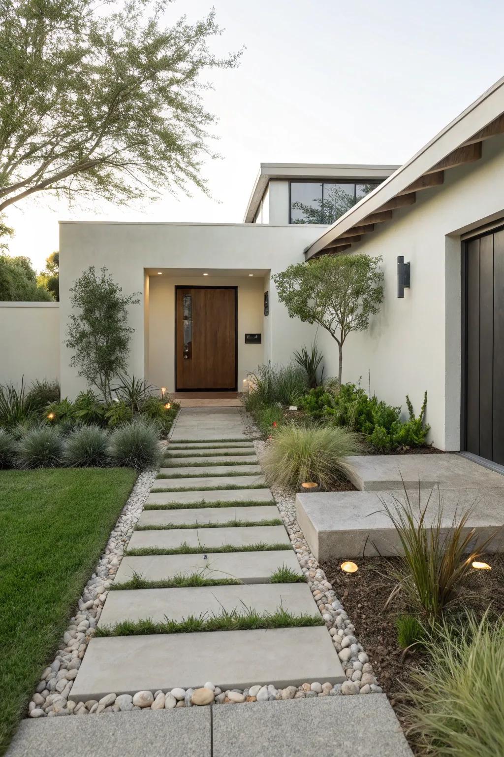 A minimalist front yard with defined lines and careful plant selection.