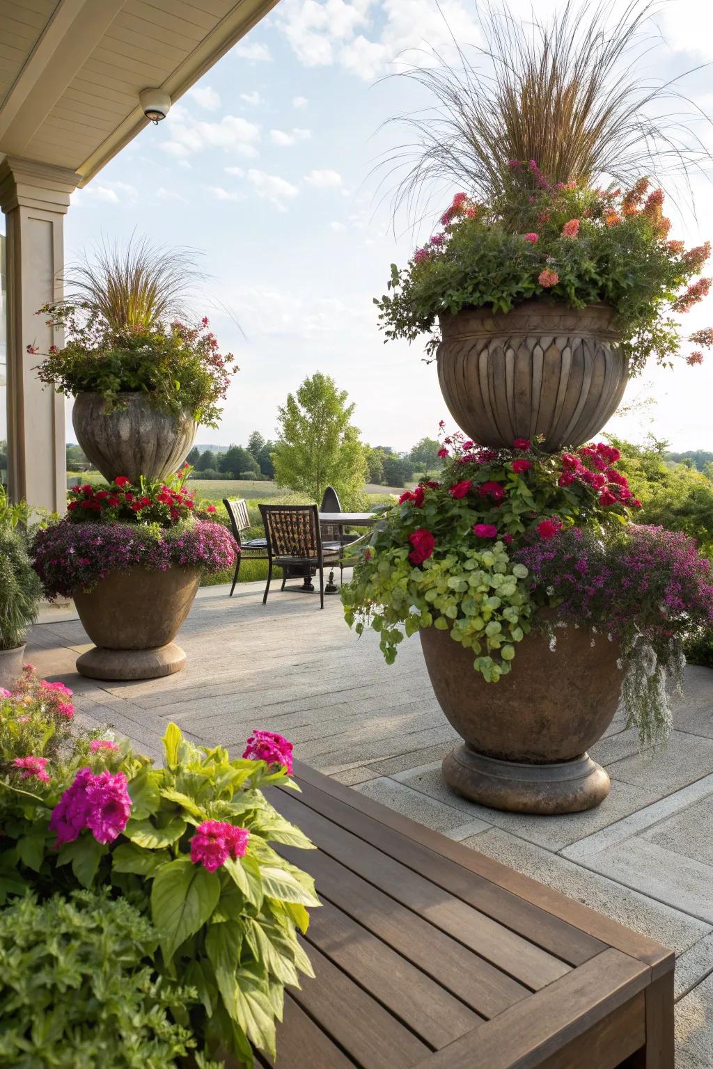 Large pots add color and require little maintenance.