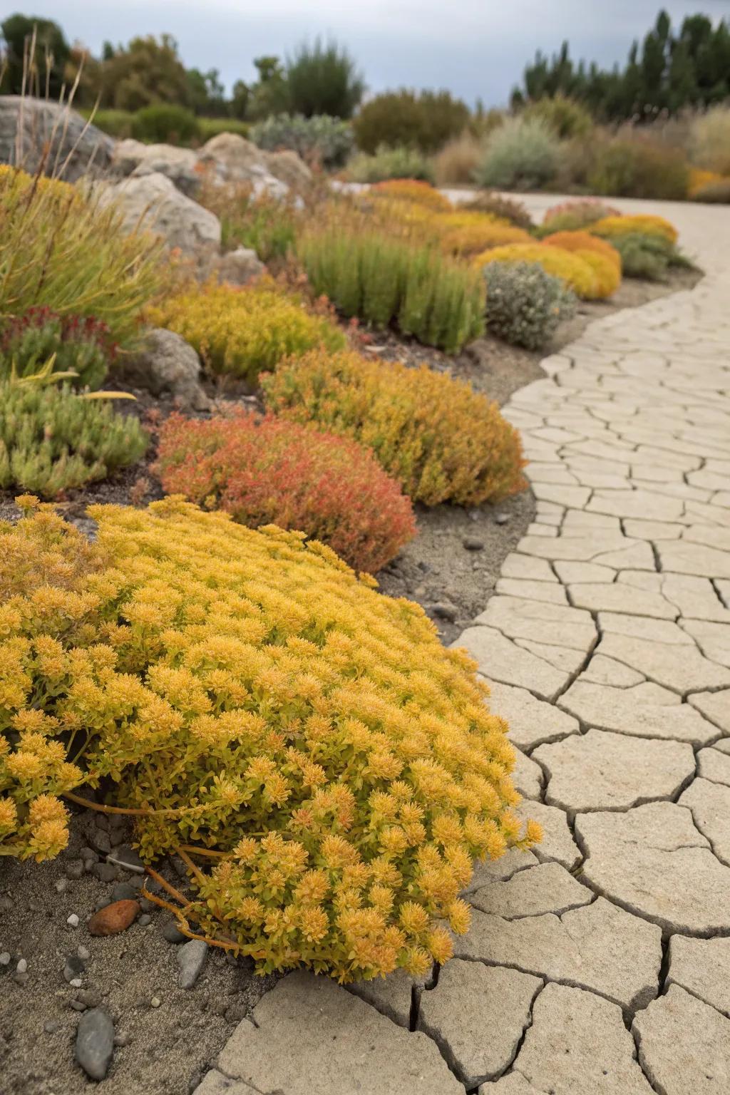 Lime Stonecrop bringing vibrancy to a dry garden setting.