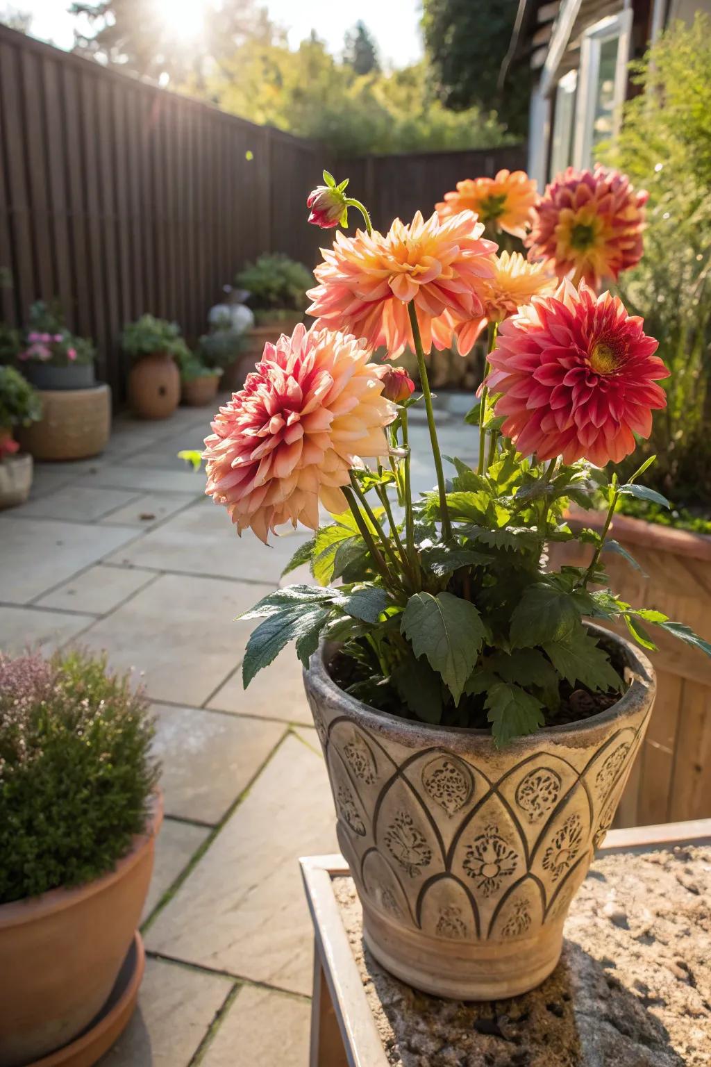 Grand Blooms adding drama to a sunny garden patio.