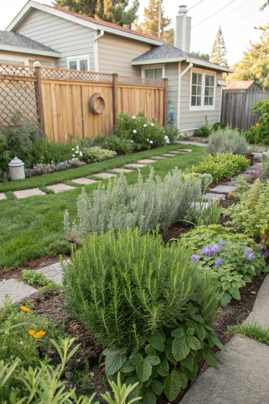 A beautiful garden with rosemary and sage that keep fleas away.