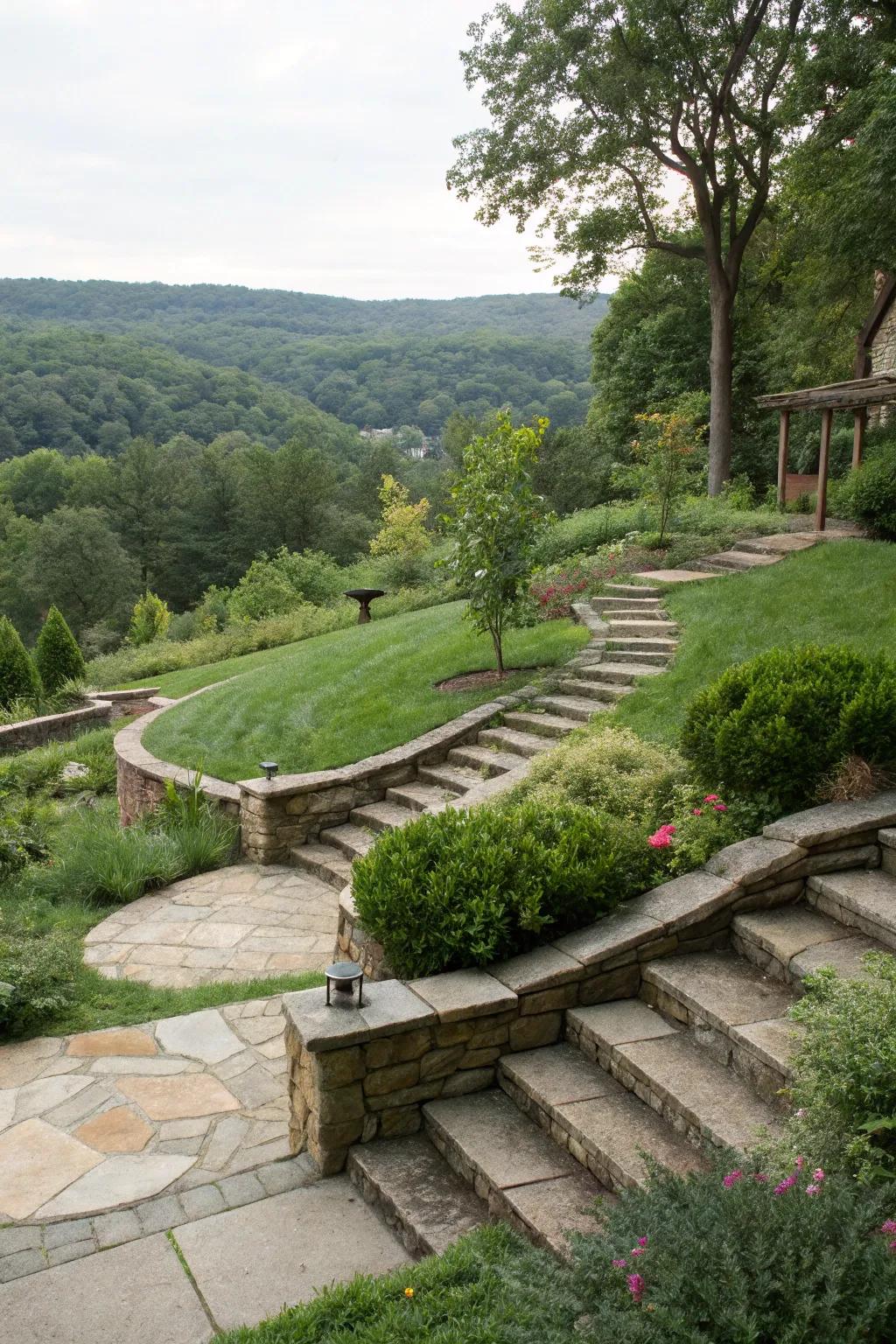 Pathways and steps make navigating a sloped yard easy and enjoyable.