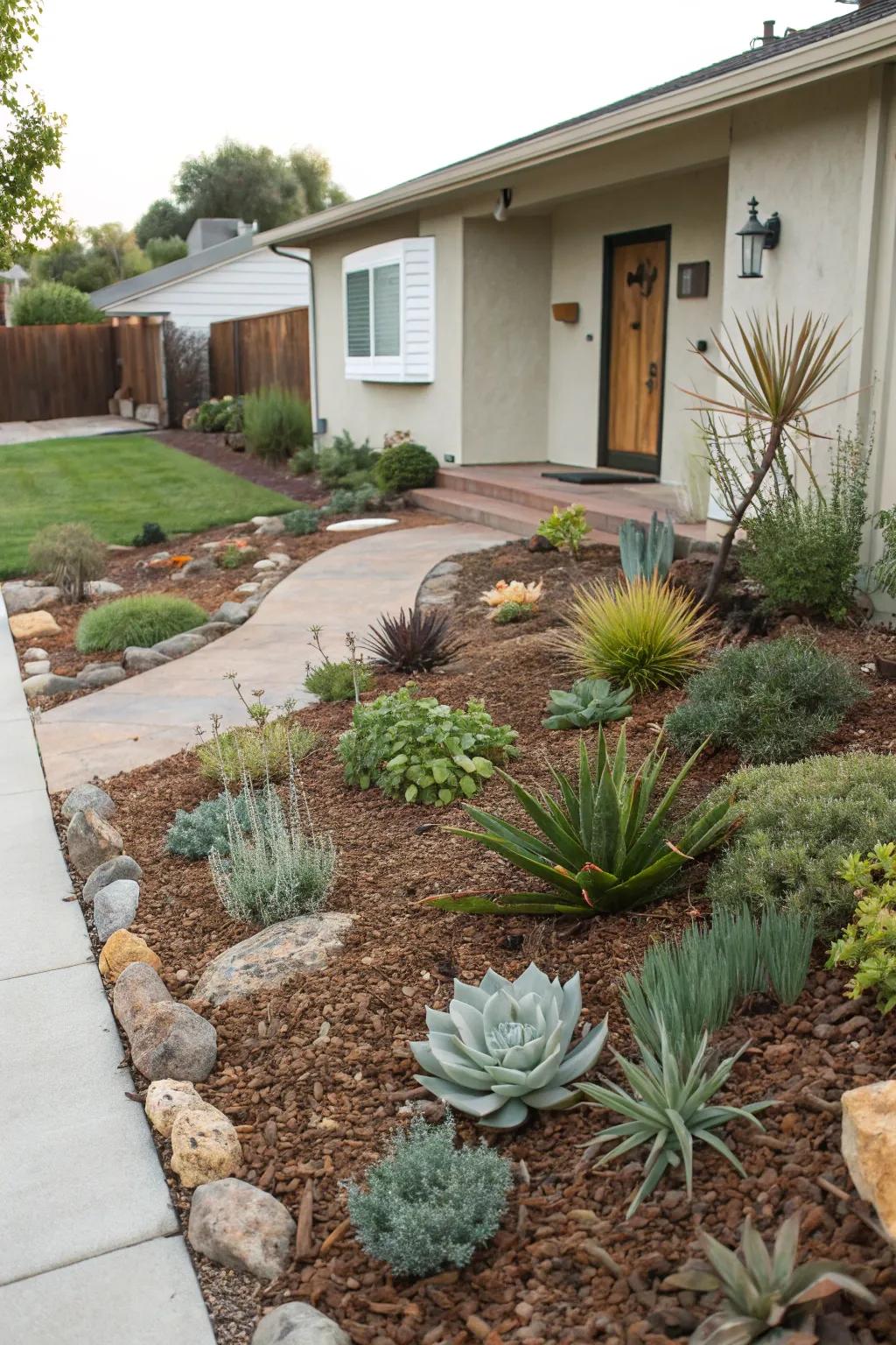 Mulch keeps moisture in the soil and stops weed growth, improving the xeriscape.