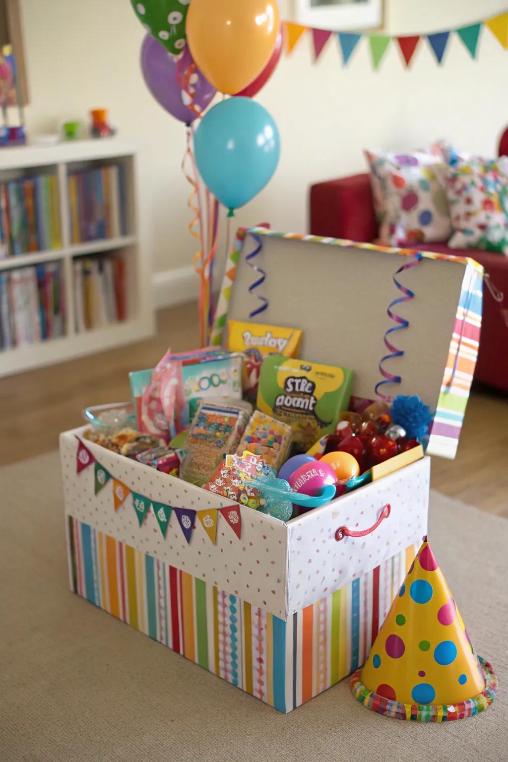 An inviting mystery prize box filled with fun surprises for party guests.