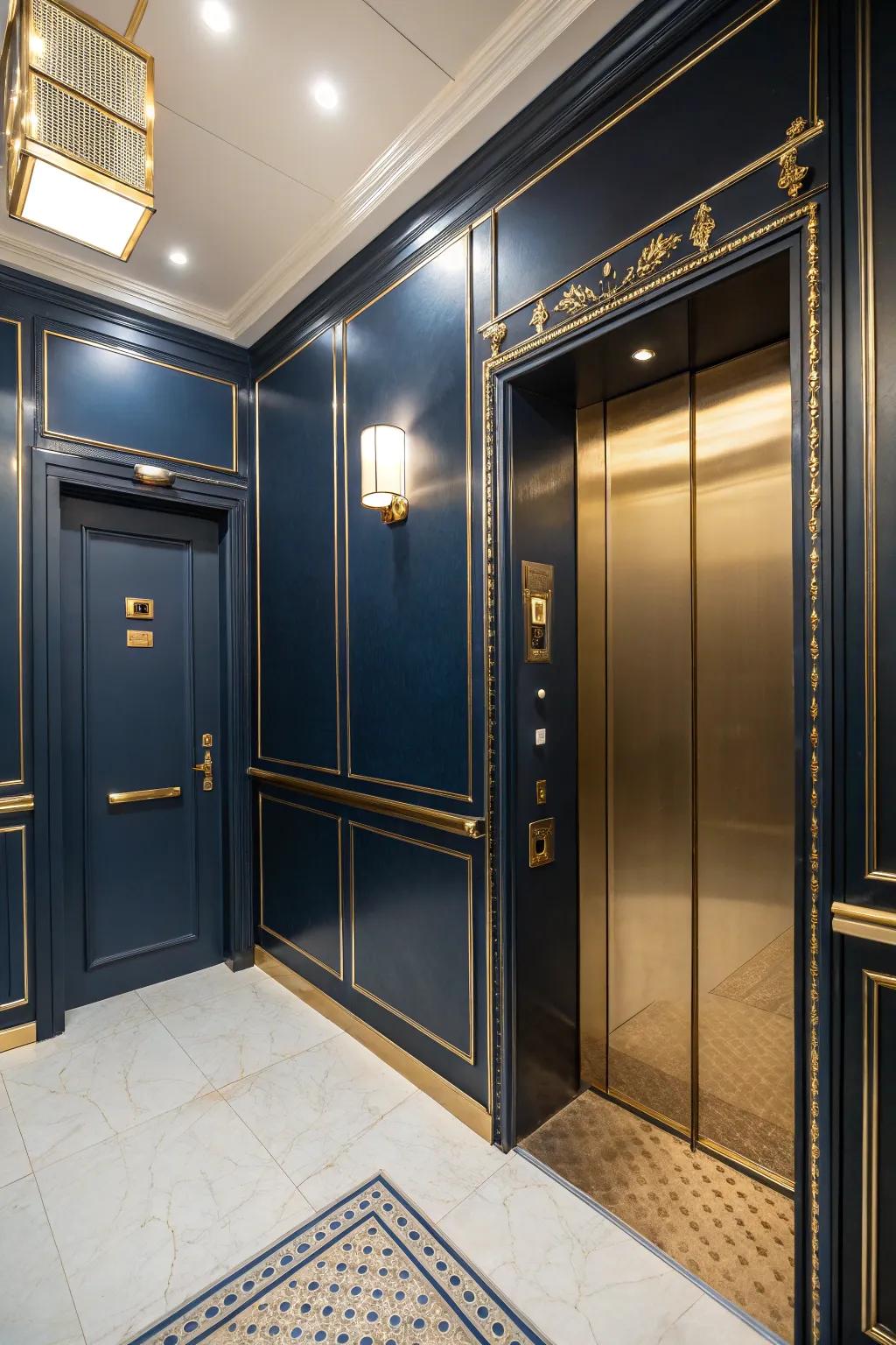 Rich colors provide a luxurious, inviting atmosphere in an elevator.