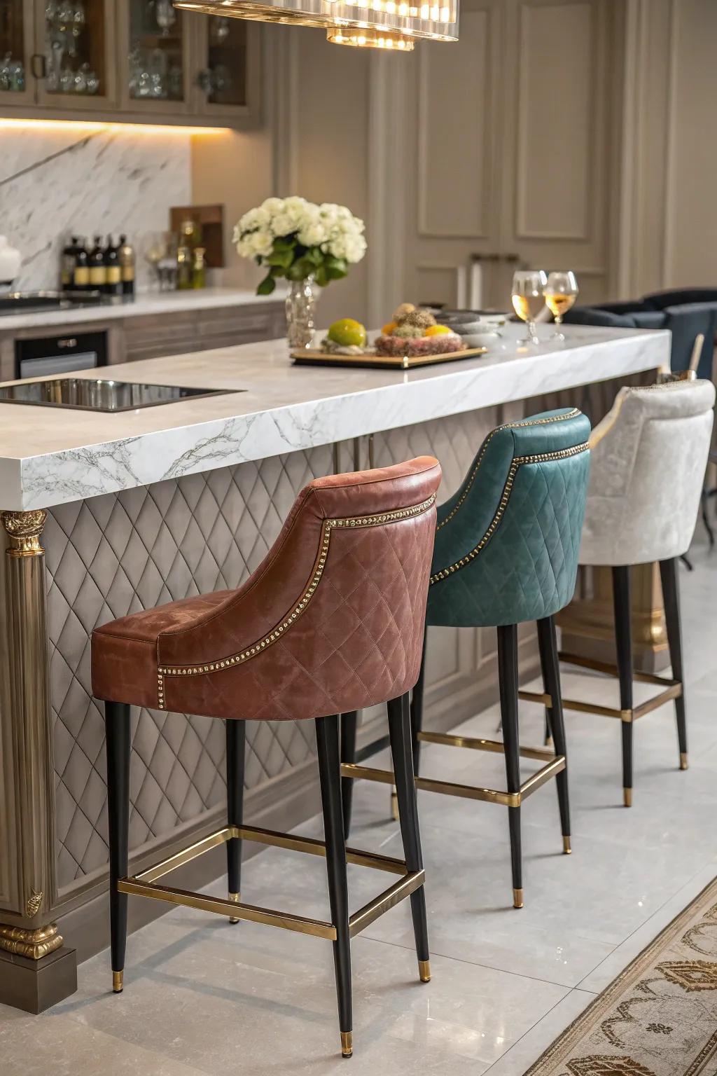 Designer high stools add appeal to a kitchen island.