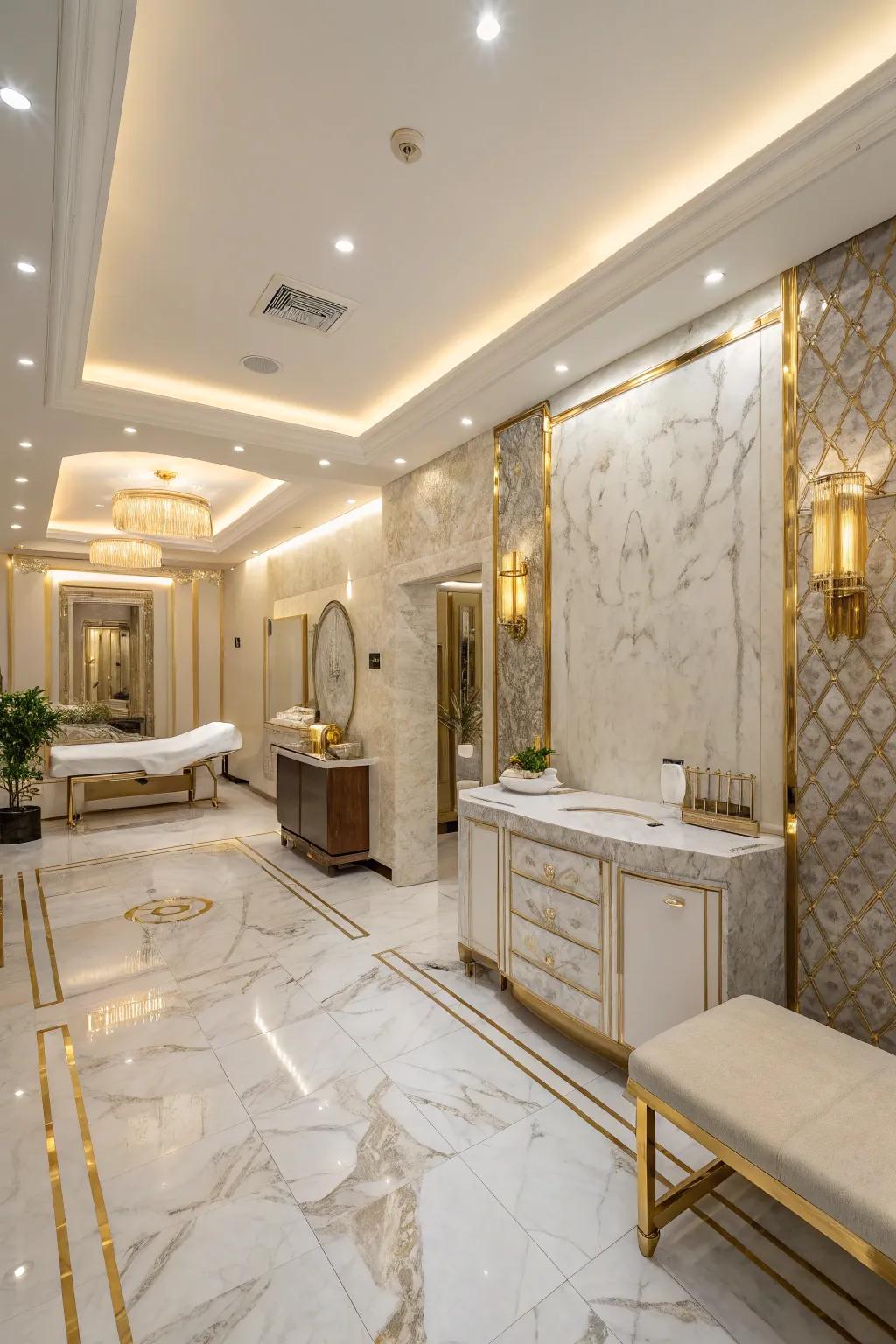 Luxury shines through with marble and gold.