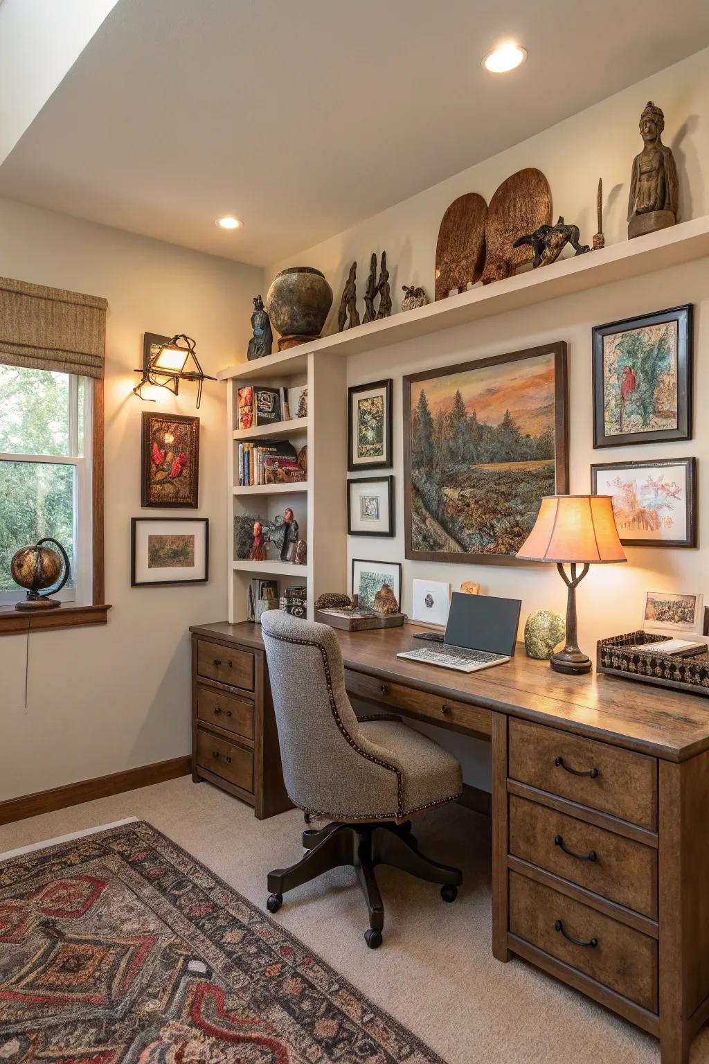 A personalized home office showcasing art and accents.
