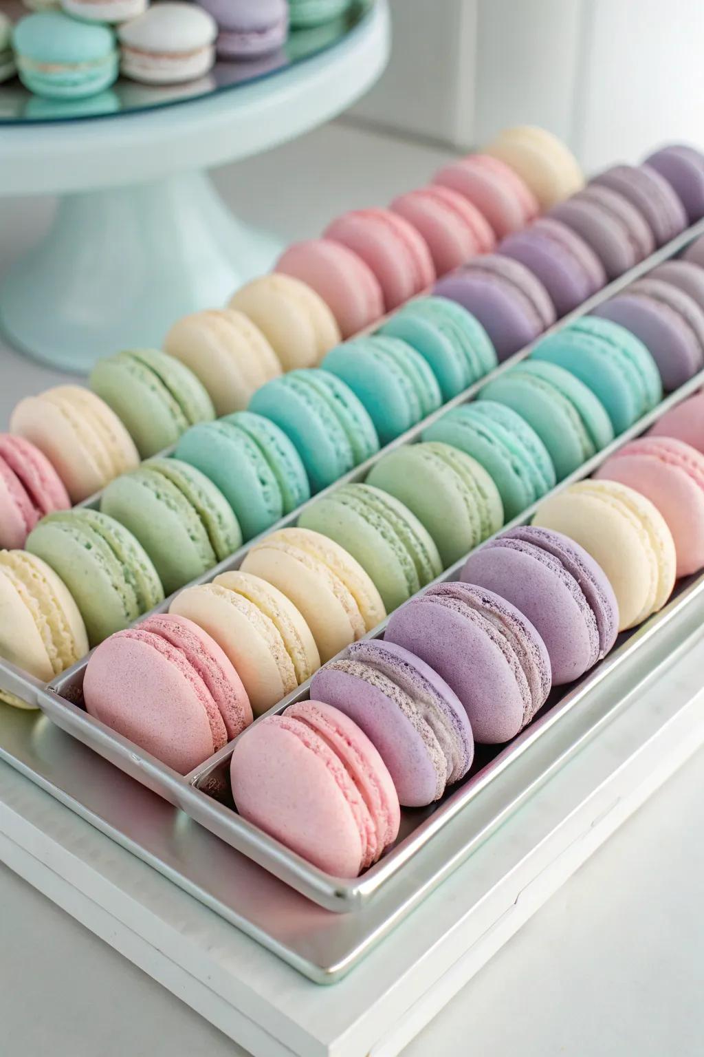 Color-coordinated macarons in delicate tints.