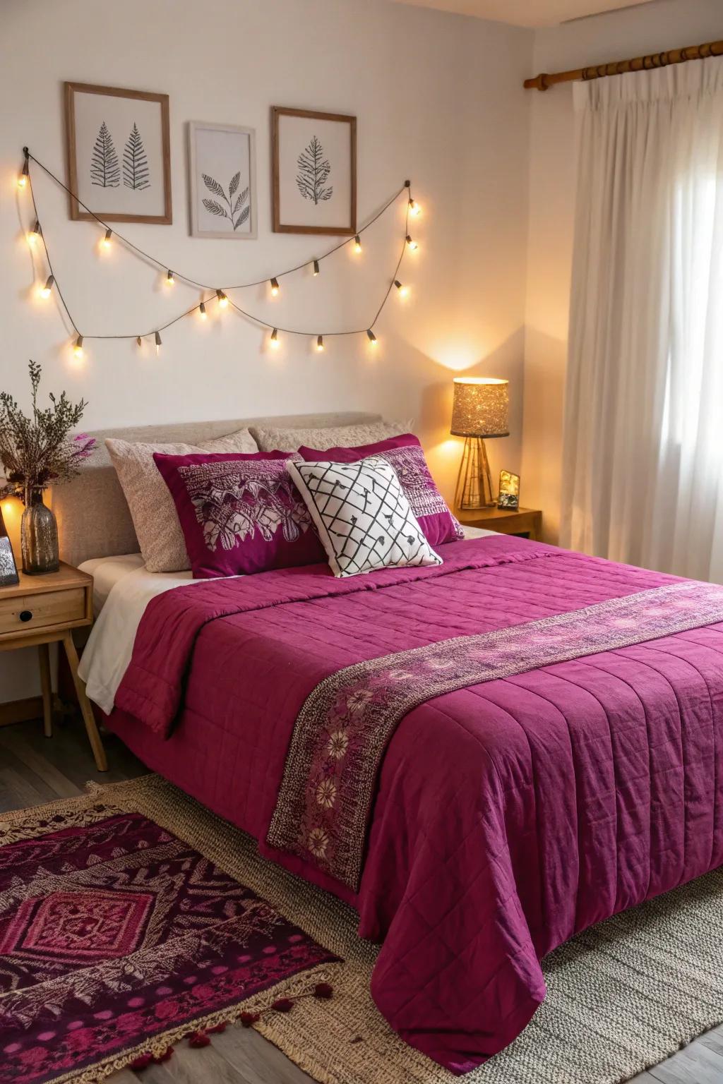 Rose bedding introduces a sense of comfort and coziness to this welcoming bedroom.