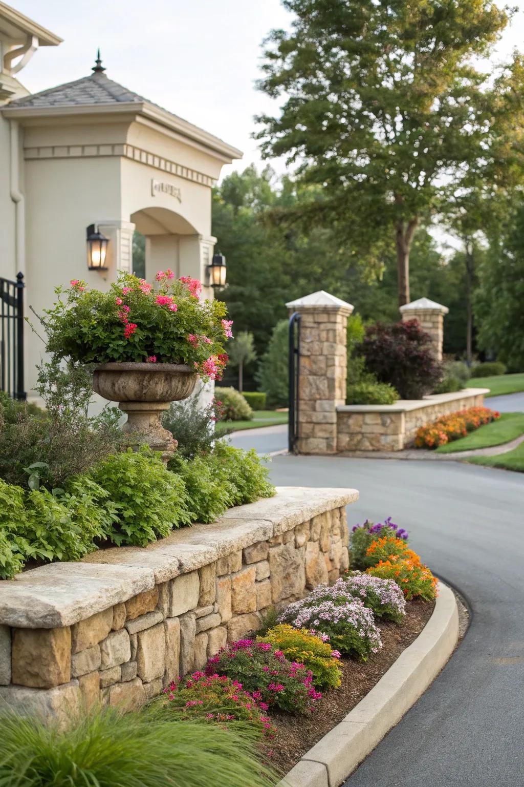 Earthy stone features enhancing the neighborhood entrance.