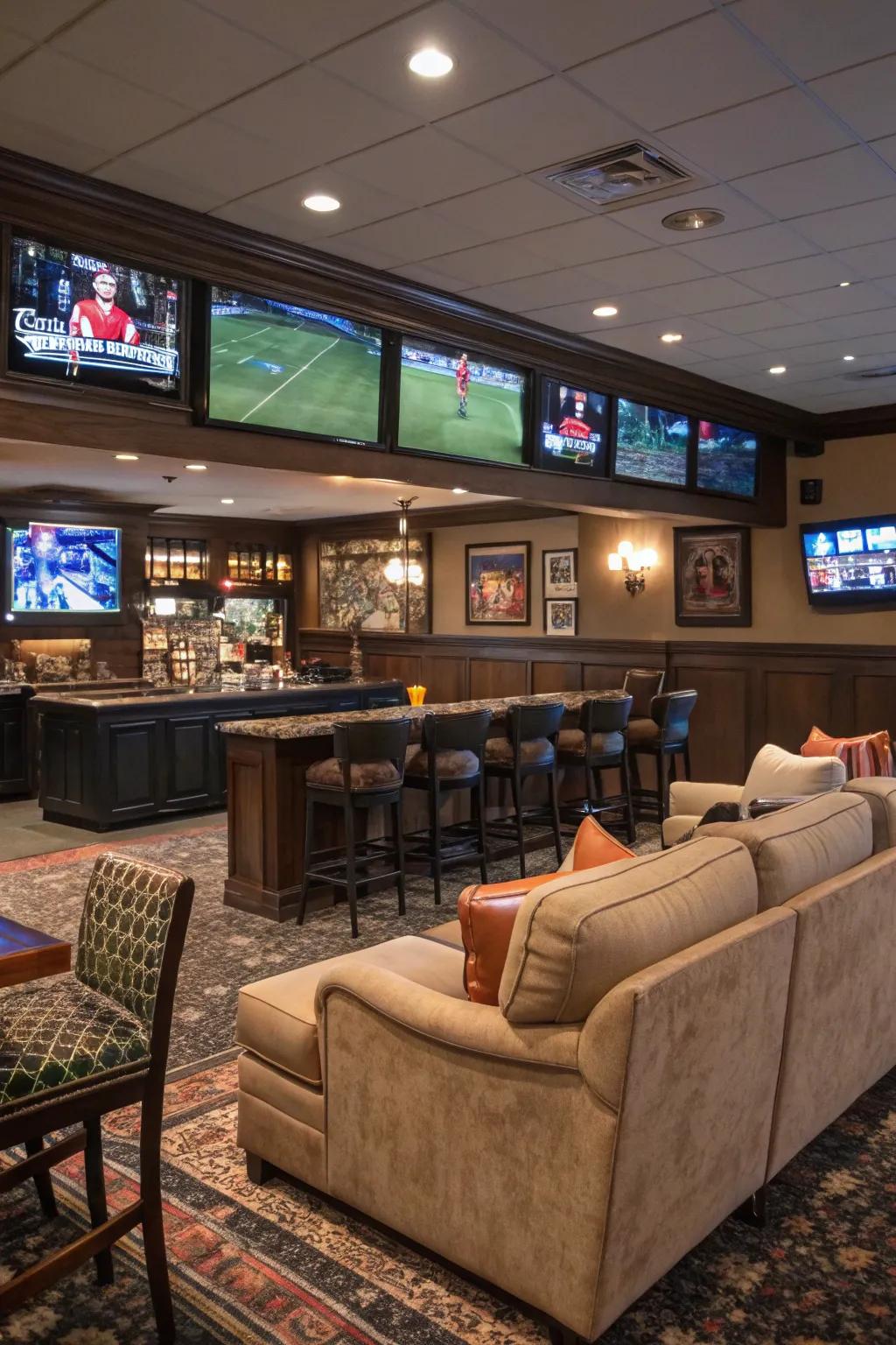 Relish the game in your man cave with a tailored sports bar design.