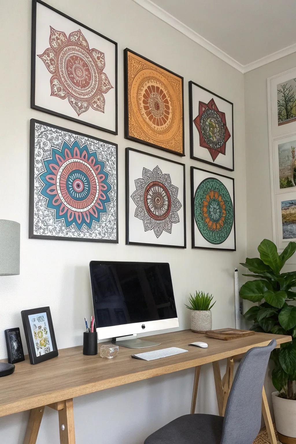 Framed digital mandala designs adding a modern flair to a home office.