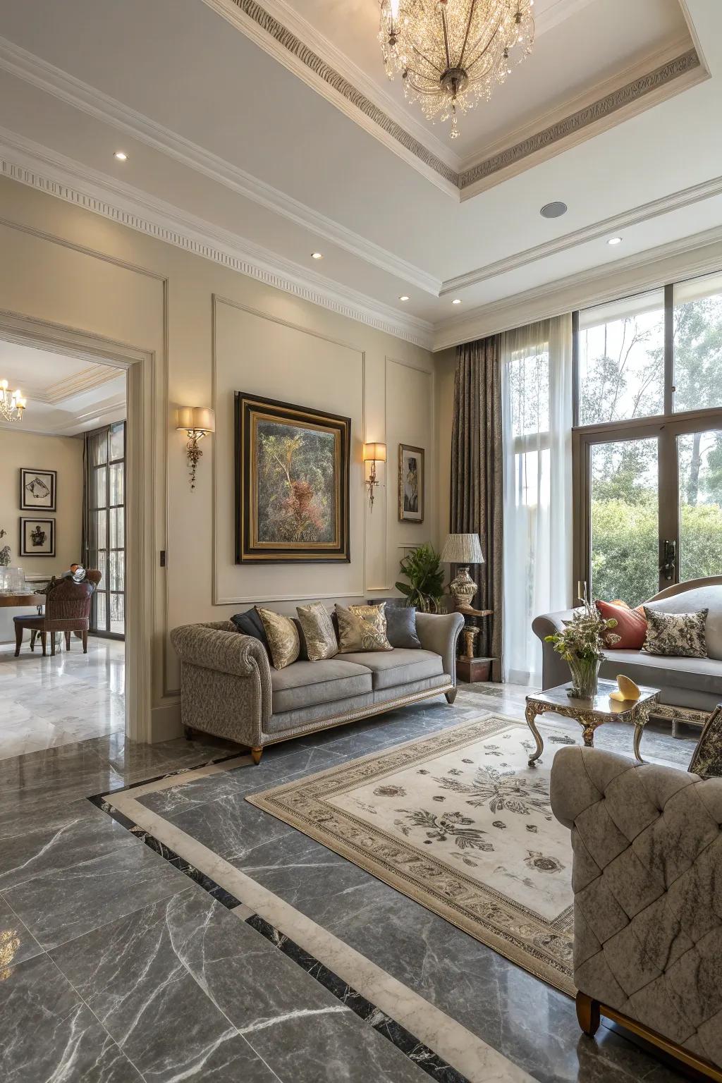 Grey stone flooring offers enduring refinement.