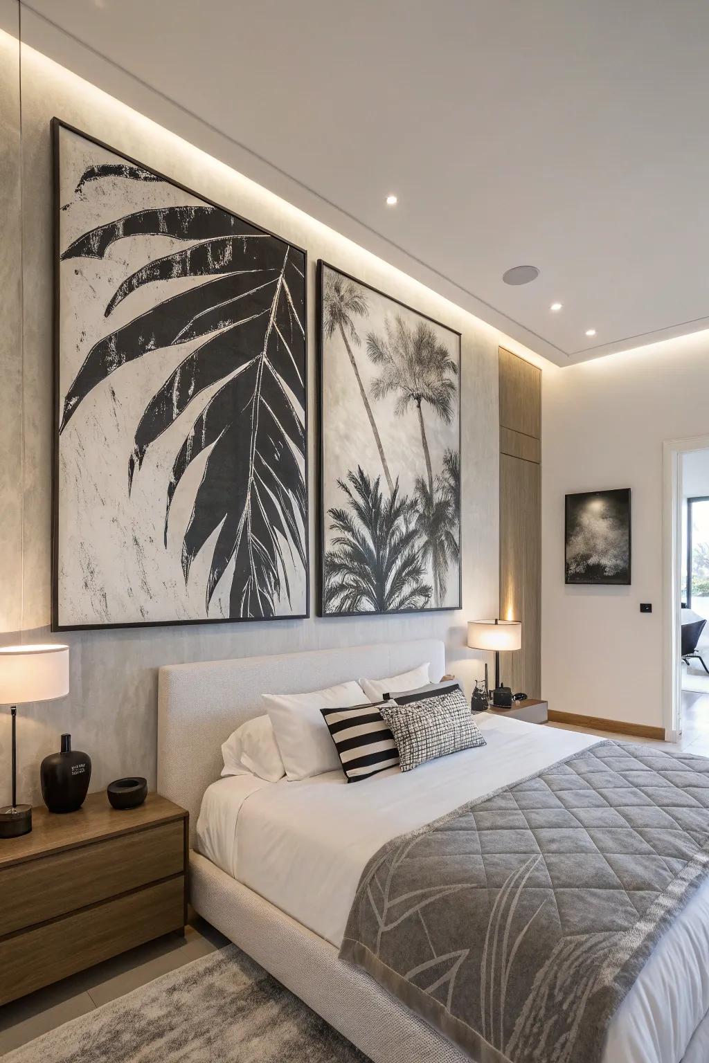 Striking wall decor enhances the area’s contemporary vibe.