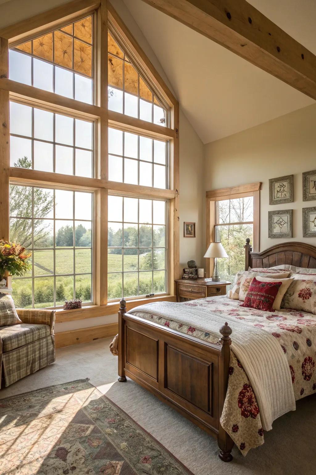 Bright and airy farmhouse bedroom filled with natural light