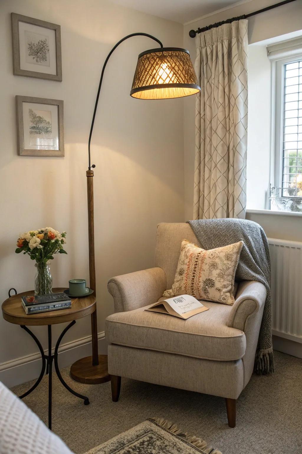 A standing illumination establishing a comfortable reading area.