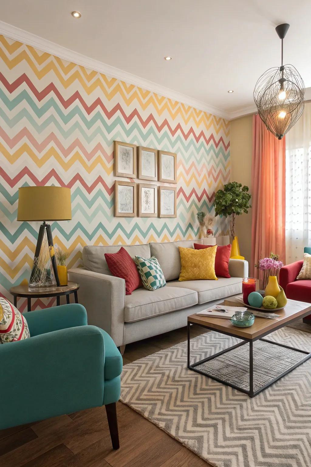 Chevron wallpaper injects dynamic energy into a modern living space.