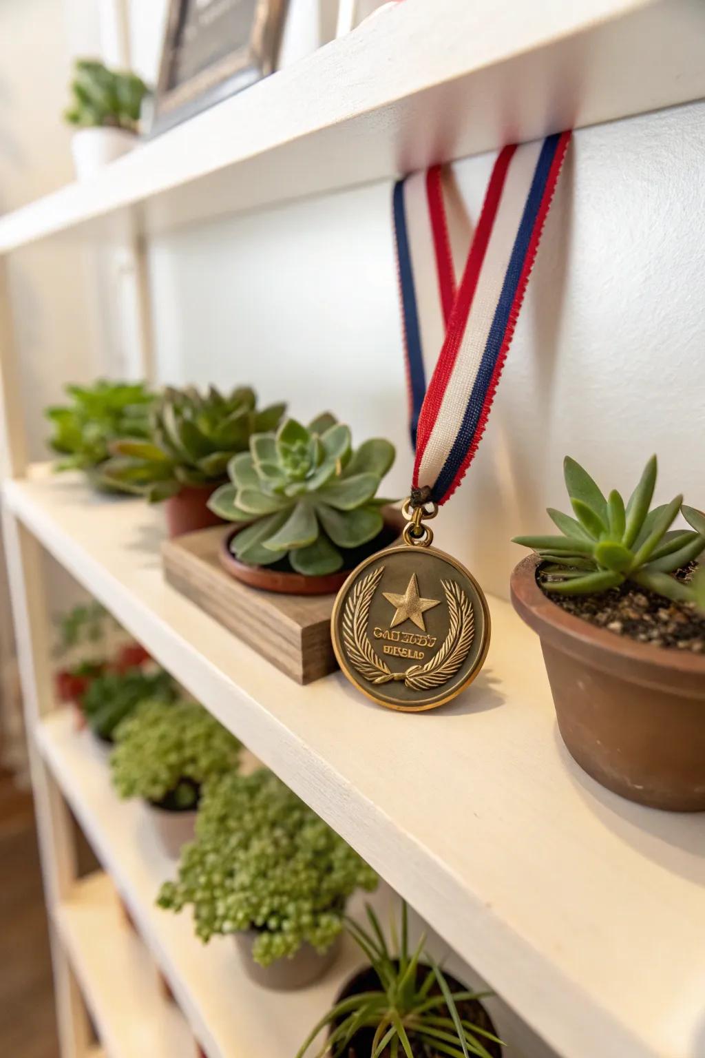 Incorporate greenery for a fresh medal display.