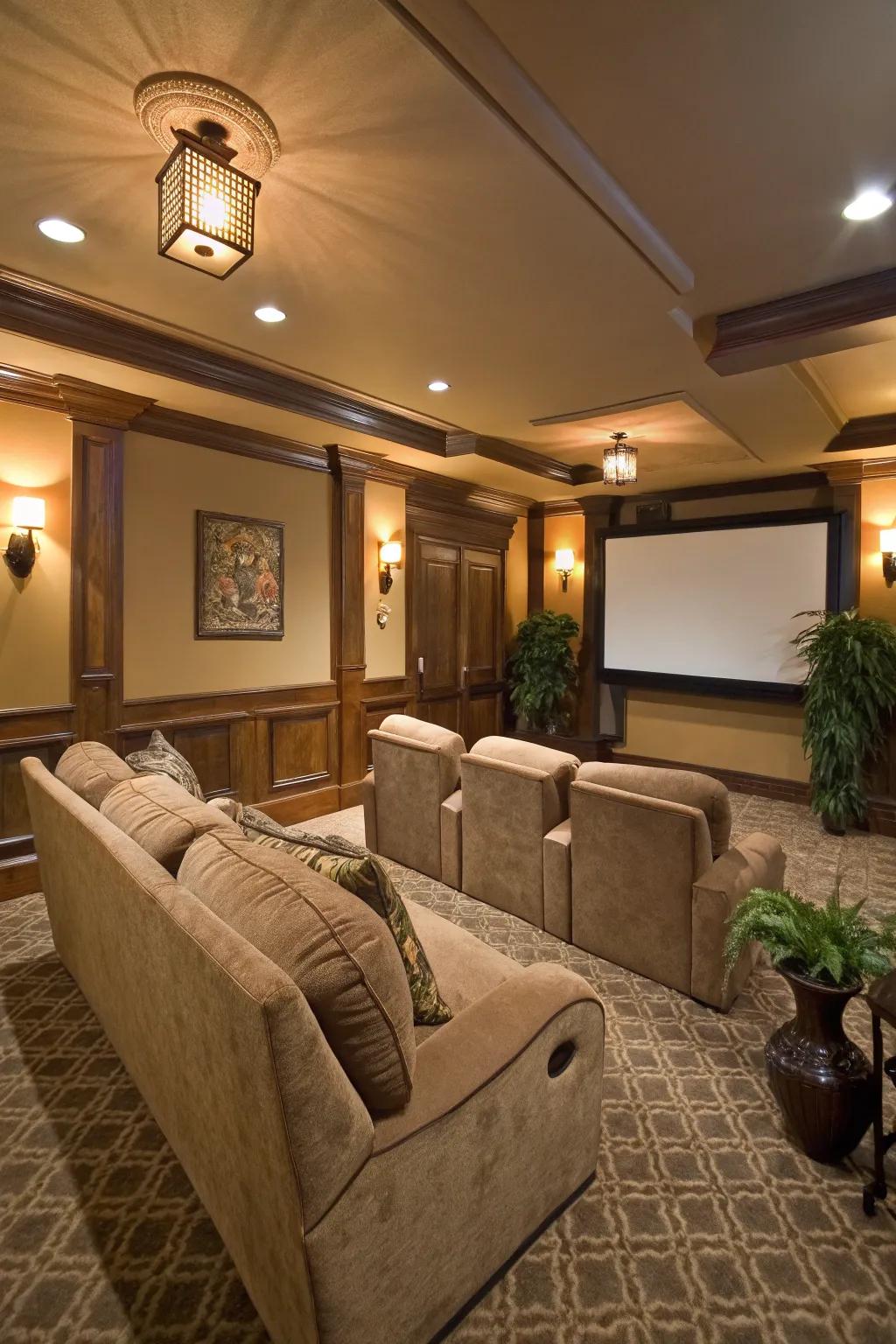 An attractive media room with earth-toned walls, radiating warmth and comfort.