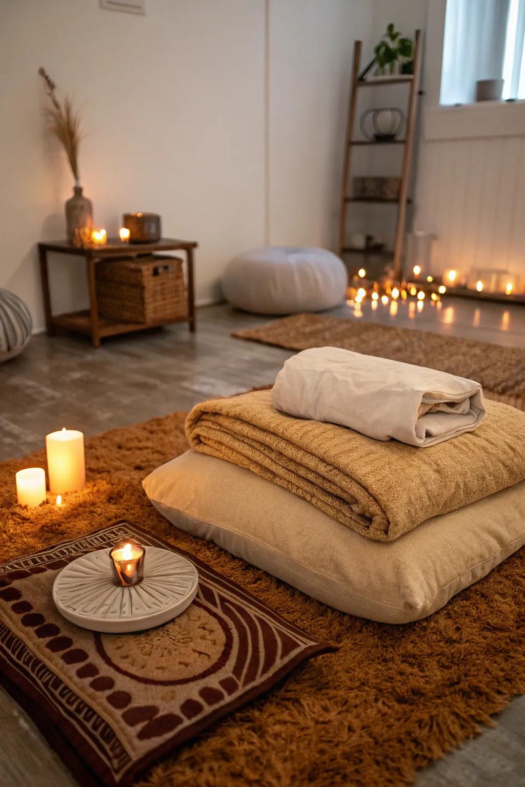 A soft rug and blanket make your meditation corner cozy and inviting.