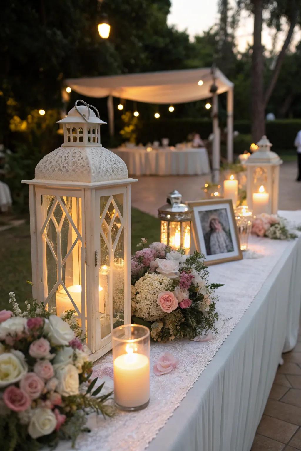 Lanterns infuse the memorial display with warmth and charm.