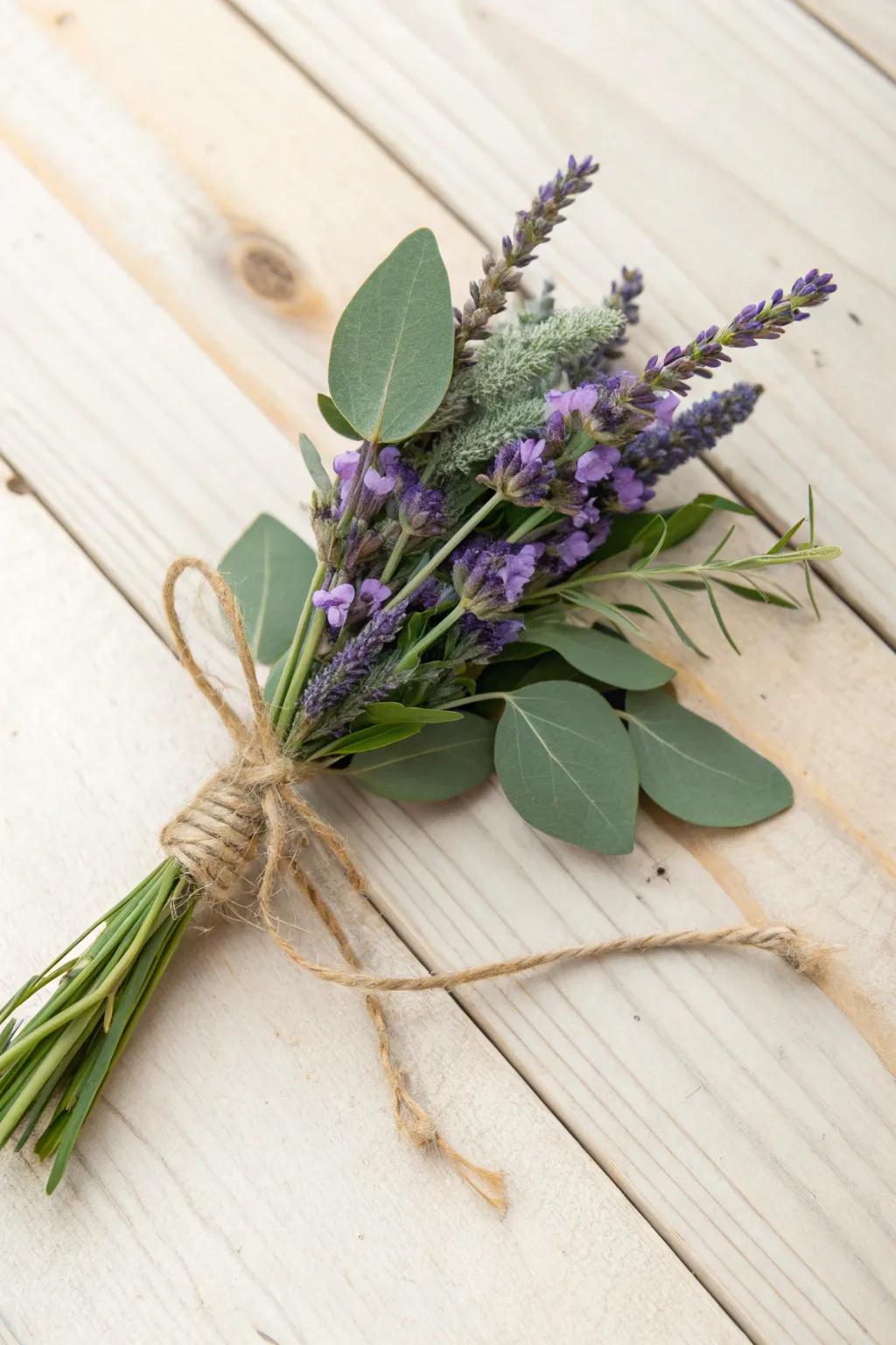 Violet and eucalyptus craft an invigorating and aromatic boutonniere.