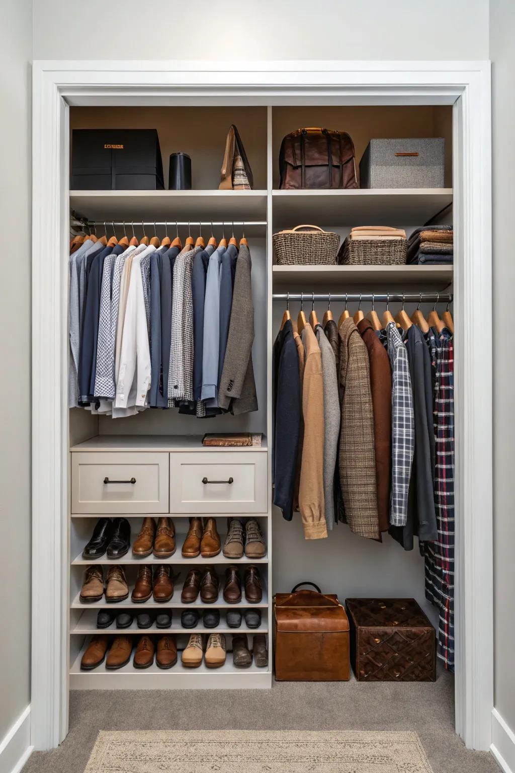 Thoughtful use of vertical space for added storage in a men's closet.