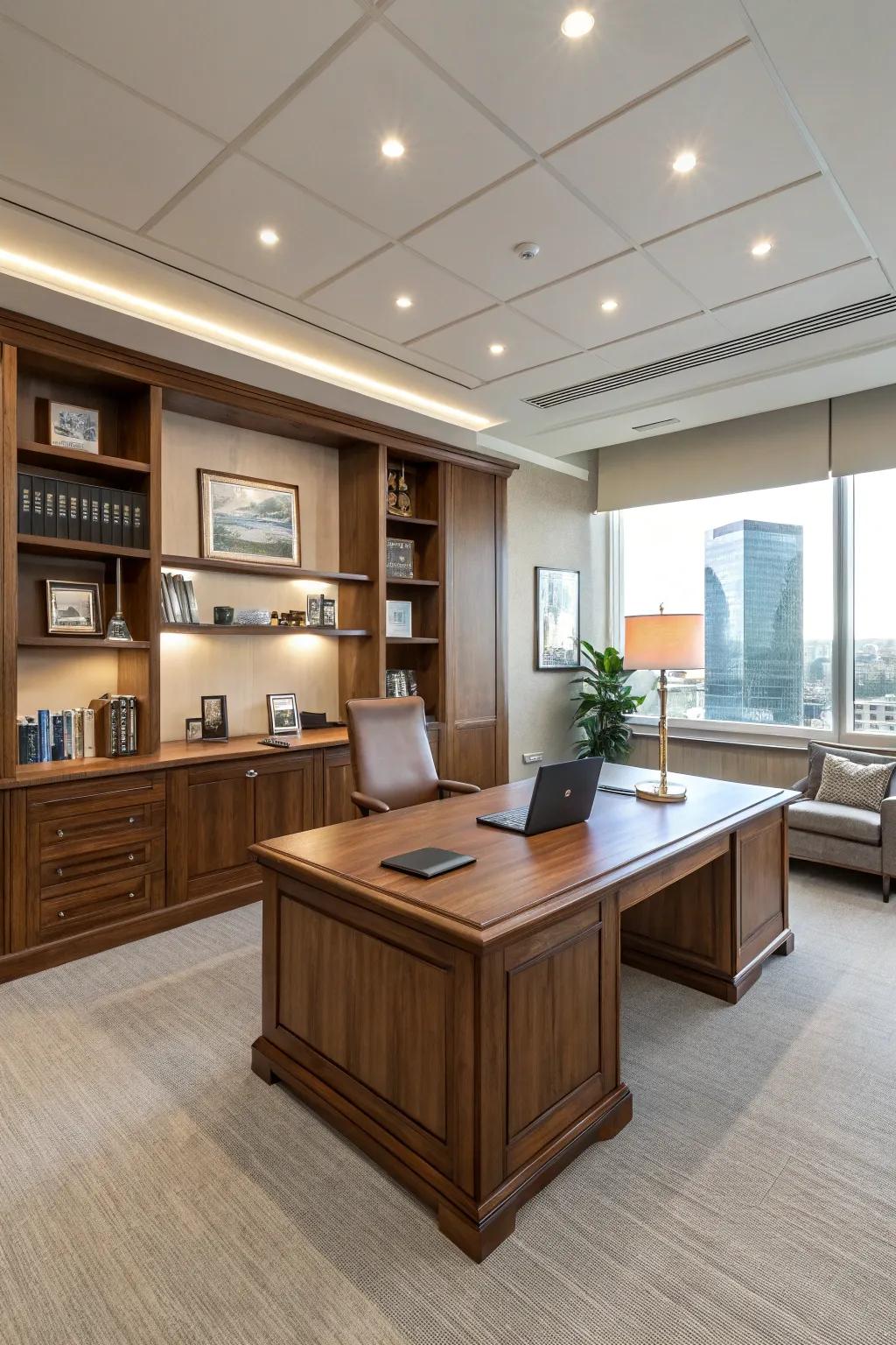 A striking desk anchors the room and characterizes your workspace.