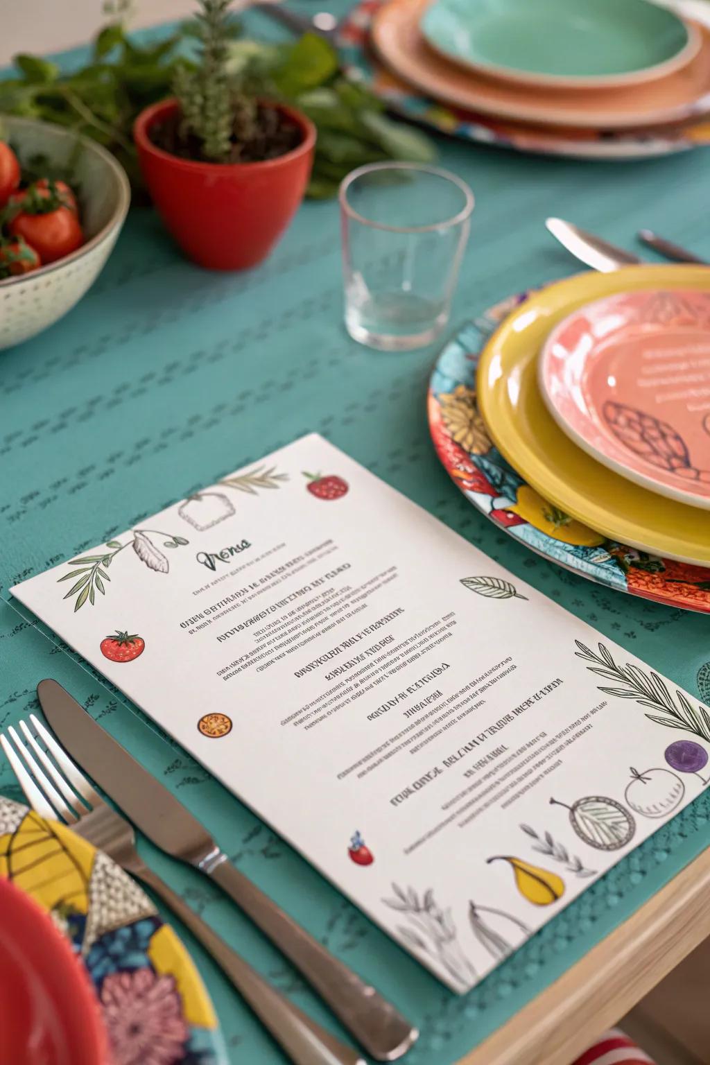Food-related backdrops fashion a lively and appealing menu.