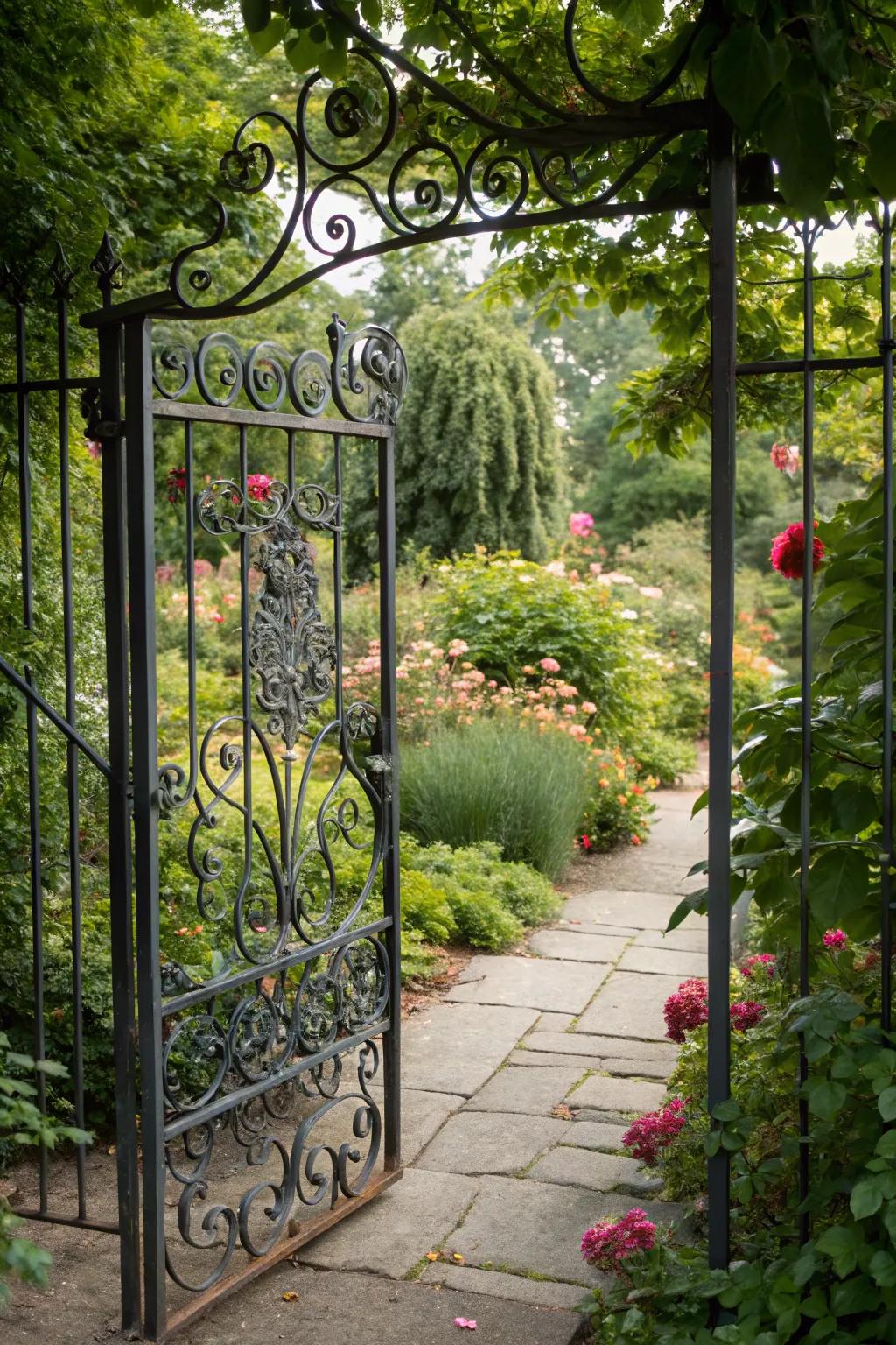 An elegant metal gate with detailed scrollwork that radiates ageless allure.