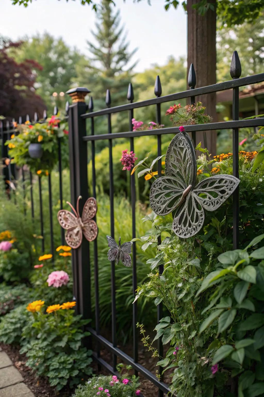 Suspended metal art brings a magical feel to garden walls.