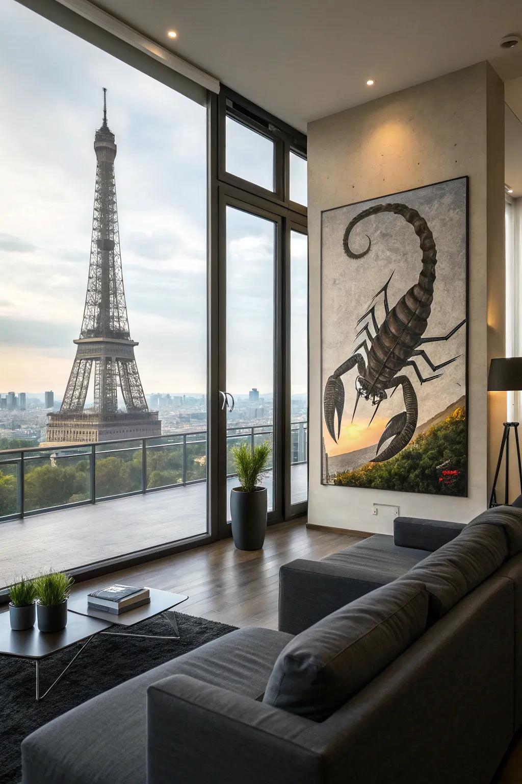 The Eiffel Tower turns into a scorpion, adding a daring sense.