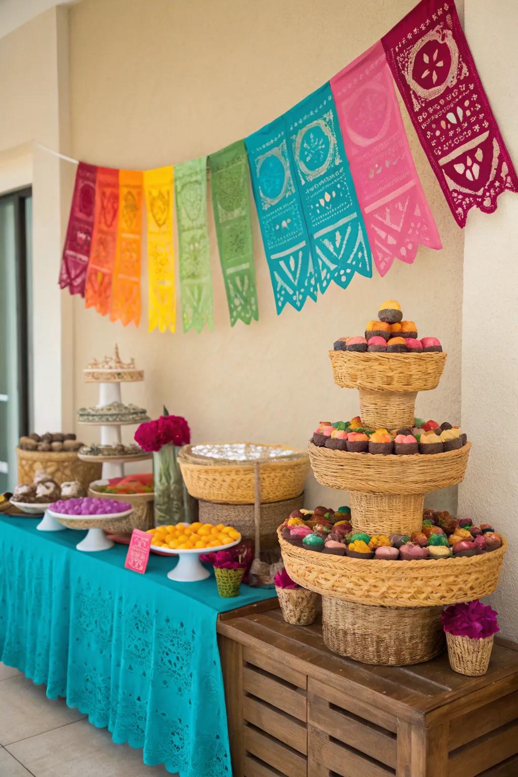 Enhance your candy presentation with multi-level stands and wicker baskets, creating a visually attractive and accessible dessert table.