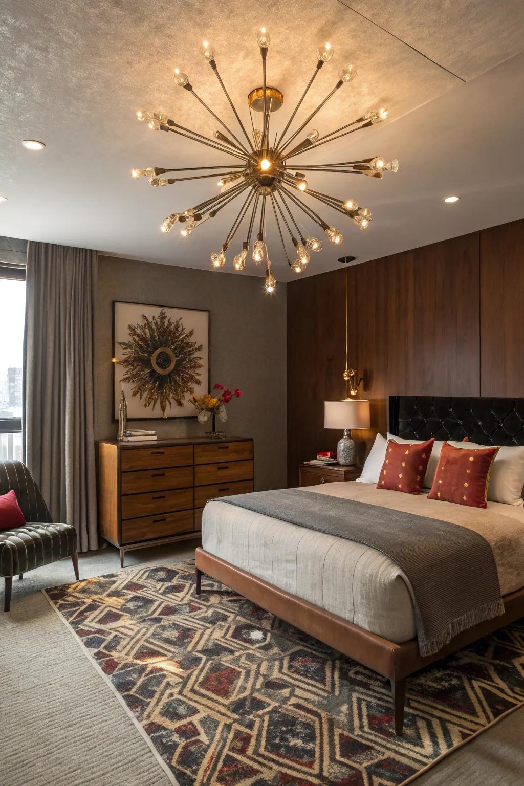 A striking starburst chandelier illuminates this mid-century modern bedroom.