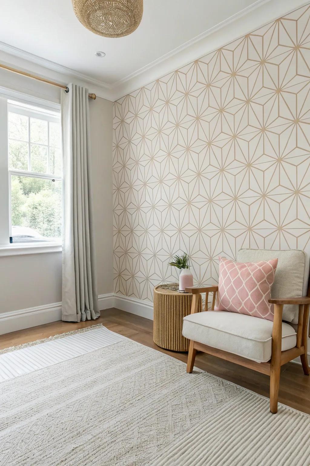 A minimalist room featuring subtle geometric mid-century wallpaper.